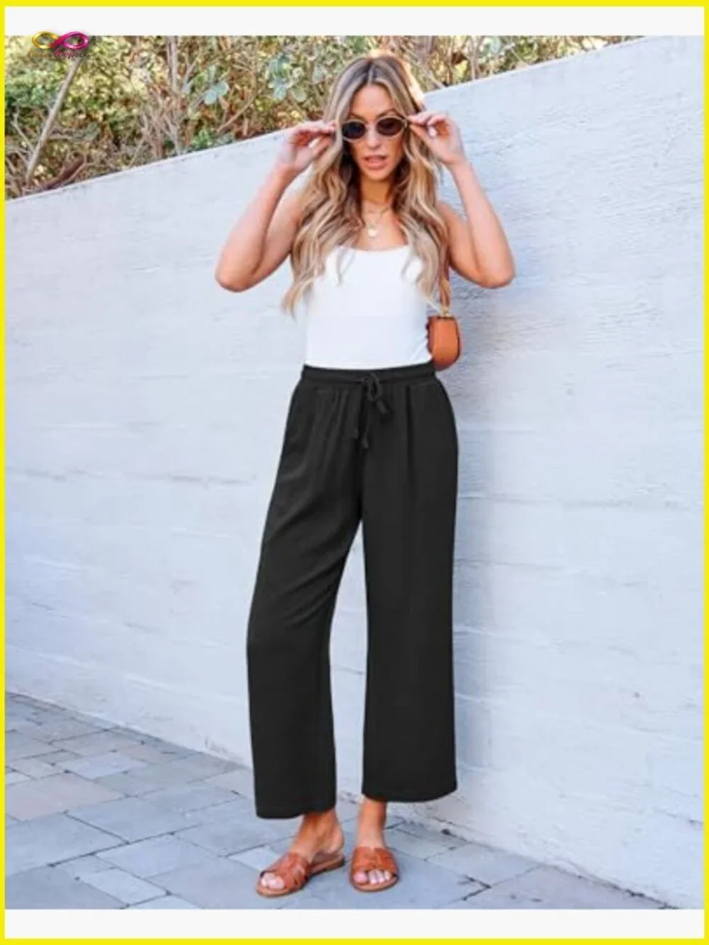 Linen Blend Wide Leg Capri Pants High Waisted Elastic Casual Boho Chic